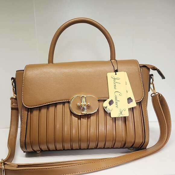 Taupe Pleated Crossbody Bag w/ Top Handle & Pockets - Picture 1 of 9